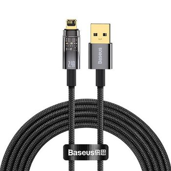 Cablu alimentare si date Baseus, Explorer, Fast Charging, USB la tip Lightning 2.4A 2m Auto Power-Off, Negru Transparent