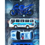 Set 5 Vehicule Politie, 2 Masini Interventii, Motocicleta, Elicopter, Autocar, 12-14 cm, Pull Back and Release, Multicolor, OEM