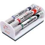Set Maxiflo pentru tabla, format din 4 markere asortate + burete magnetic, Pentel