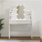 Masă de toaletă cu LED, alb extralucios, 96x40x142 cm