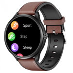 Smartwatch iSEN Watch M3 Negru cu bratara maro inchis de piele, 1.3" Touchscreen, Bt Call, IP68, 240mAh, HR, Tensiune, Notificari, Muzica