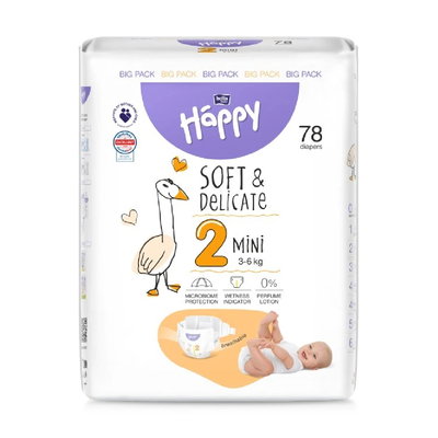 Scutece Happy Soft & Delicate 3-6 kg Mini marimea 2, 78 bucati, Bella Baby, Bella Baby