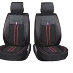 Set 2 huse scaune auto pentru fata, piele ecologica cu broderie, negru cu rosu