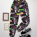 Pantaloni dama casual colorati negru tip jogger cu imprimeu Scris
