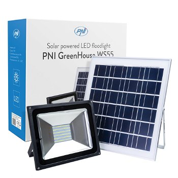 Proiector LED PNI GreenHouse WS55, 50W, cu panou solar si acumulator, telecomanda, senzor crepuscular