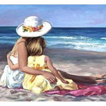 Tablou PM502M Mama si fiica pe plaja, Picteaza dupa numere, cu rama de lemn, 40 x 50 cm