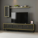 Comoda TV cu dulap de perete si polita Vals, Arnetti, 180 x 45.5 cm/30 x 62.5 cm/19 x 120 cm, negru/auriu, Arnetti