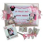Set mot Baby Minnie Mouse, 7 piese, personalizat, din lemn, cu fundite roz, ornamente multicolore DSPH012
