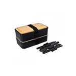 Set 2x Cutie pranz Bento Box cu tacamuri si capac din bambus, Navaris, 47407.01.01, bambus, 19 x 11 x 10 cm, Negru