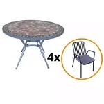 Set masa rotunda, cu 4 scaune fixe, pentru gradina, din metal cu mozaic, Inovius