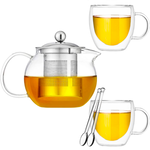 Set ceainic cu 2 cani si 2 lingurite, Quasar & Co, cu infuzor si capac, 650 ml, 2 x 250 ml, termorezistente, sticla, transparent