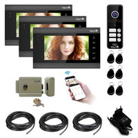 Kit Interfon Video Smart 3 familii wireless Mentor SYKT006 WiFi, 4in1 Acces Aplicatie, Cheie, Card, Buton cu Interfon, Yala, 3xMonitor 7 inch HD, Night Vision, IR, Senzor de miscare