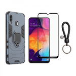 Set protectie 2 in 1 pentru Huawei P Smart 2019 / Honor 10 Lite cu husa hybrid antisoc cu stand inel si folie sticla ceramica fullsize si breloc cadou, dark blue, krasscom