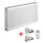 Pachet Radiator KOPH 22/600/1400 tip panou din otel, 3108 W + Set 2 robineti si cap termostatic Herz 1/2", tur-retur