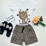 Pijama dama ieftina bumbac cu tricou alb si pantaloni scurti cu imprimeu HK animal print