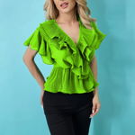 Camasa Sasha, cu volane si maneca scurta, Verde deschis, Marime universala S/M, FashionForYou