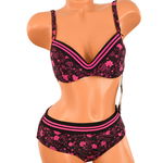 Costum de baie negru cu flori fucsia - cod 44033, 