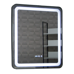 Oglinda baie cu iluminare LED Badenmob, functie dezaburire, ceas, data si termometru, 70x80cm, rama neagra, clasa energetica G Oglinda baie cu iluminare LED Badenmob, functie dezaburire, ceas, data si termometru, 70x80cm, rama neagra, clasa energetica G