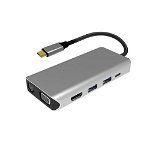 Hub USB PNI MP10, HDMI, VGA, 3 x USB 3.0, SD&TF, RJ45, Jack 3.5, USB-C PD (Gri), PNI