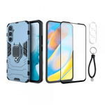 Set protectie 3 in 1 pentru Samsung Galaxy A54 5G cu husa hybrid antisoc cu stand inel, folie sticla ceramica fullsize, 2 folii sticla pentru camera si breloc, dark blue