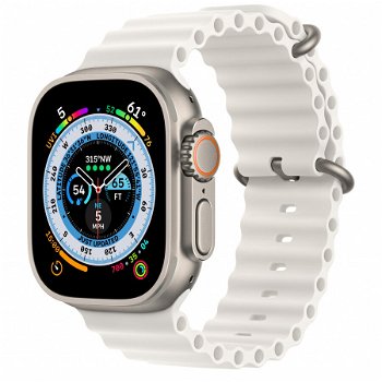 Watch Ultra, 49mm Titanium cu White Ocean Band, GPS + Cellular, Apple