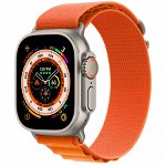 Smartwatch Apple Watch Ultra Cellular, ecran LTPO OLED, Bluetooth, Wi-Fi, GPS, Bratara textil S 49mm, Carcasa titanium, Rezistent la apa 10ATM (Portocaliu) , Apple