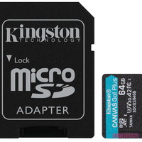 Card memorie microSD 64GB pentru camere IP, Kingston CANVAS GO Plus, 170 Mbps, cu adaptor, U3, V30, SDCG3/64GB