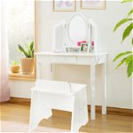 Set masa de toaleta pentru fetite, MT Malatec, 34.5x48x82 cm, scaun, 3 oglinzi, sertar, design elegant, lemn alb