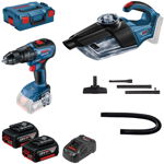 GSB 18V-50 Masina de gaurit cu percutie brushless cu 2 acumulatori Li-Ion 5Ah 50Nm + Valiza + GAS 18V-1 (solo) Aspirator 18V, Bosch