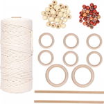 Set de creatie cu fir macrame inele si margele Yonphy, bumbac/ lemn. bej/maro