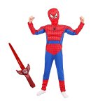 Set costum Ultimate Spiderman IdeallStore® pentru copii, 100% poliester, 120-130 cm, rosu si sabie cu lumini, IdeallStore