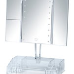 Oglinda cosmetica de masa, cu LED si organizator din plastic, Fanano Transparent, L34,5xl16,5xH39 cm
