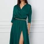 Rochie Dy Fashion verde din satin cu elastic si curea in talie, 