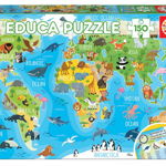 Puzzle cu 150 de piese - Harta lumii cu animale, Jucaresti