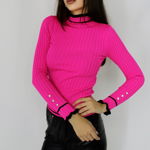 Bluza Renia, cu volane minimaliste la guler si nasturi cu cristale decorative, Fucsia, Marime universala S/M, FashionForYou