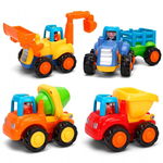 Set 4 Masinute de Constructie pentru Copii, Buldozer, Tractor cu Remorca, Camion Basculant si Betoniera, Jucarii Educative 3+ Ani