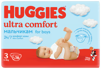 Huggies - Scutece Ultra Comfort Mega, Marimea 3, Unisex, Design Mickey&Mini, 5-9 kg, 78 buc