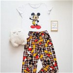 Pijama dama alba lunga cu tricou si pantaloni lungi imprimeu Mickey, 