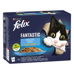 PURINA Felix Fantastic, 4 arome (Ton, Somon, Cod, Peste Cambula), pachet mixt, plic hrană umedă pisici, (în aspic), 85g x 12, Felix