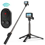Selfie stick Telesin pentru camere video sport GoPro, USB-C, 65 mAh, Aluminiu, Reglabil, 60cm, Telecomanda inclusa, Negru