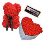 Set Cadou Aranjament floral cutie inima alba cu trandafiri rosii de sapun, Ursulet floral Rosu 25cm si Paleta fard, FashionForYou