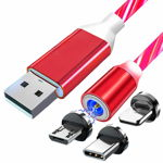 Cablu magnetic 3 in 1, microUSB/USB type-C/Lightning, iluminare led, rosu, Pro Cart