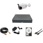 Kit supraveghere video 1 camera exterior full hd, IR 40m oem Hikvision, DVR 4 canale 5MP, cablu 20m gata mufat, HDMI cadou, HDD 500GB, Rovision