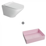 Set vas wc rimless cu capac soft close Bristol plus lavoar baie dreptunghiular roz mat, Foglia