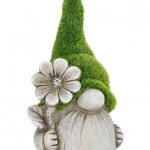 Decoratiune pentru gradina Gnome With Flower, Gri Verde, Compozit, 31 cm, BIZZOTTO