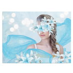 Tablou femeie cu crini albastri pe ochi flori, alb albastru 1356 - Material produs:: Poster pe hartie FARA RAMA, Dimensiunea:: 60x80 cm, 