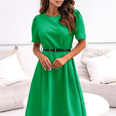 Rochie de zi ZALIA, cu maneca bufanta si curea subtire, Verde, Marimea S/M, FashionForYou