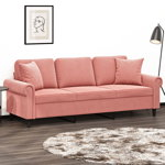 vidaXL Canapea cu 3 locuri cu perne&pernuțe, roz, 180 cm, catifea