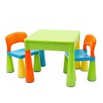 Set masuta si doua scaune pentru copii, Multicolor, Cu parte detasabila si reversibila, Partea reversibila pentru Lego Duplo,...