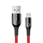 Cablu Baseus C-Shaped Light Intelligent Power-Off USB-A la tip Lightning, Rosu